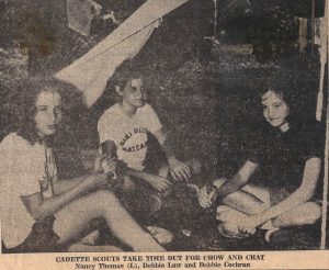 A newspaper clipping from the infamous week at Camp Maynard featuring three good Scouts outside our pup tent. Sadly, Camp Maynard no longer exists. The South bypass cut into part of it, and the rest is grown up and abandoned. I don't know what became of the lodge, the creek, the big dinner bell, or the formaldehyded snakes. 